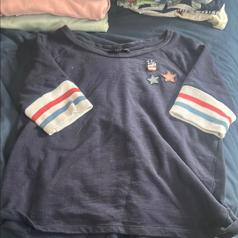 Blue and Red Long Sleeve Tee with Sporty Striped Cuffs
